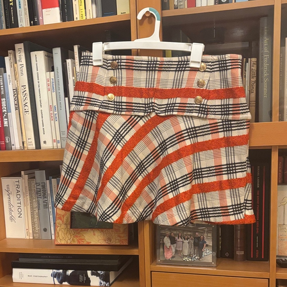 Maeve Orange and Black Plaid Mini Skirt with Gold Buttons